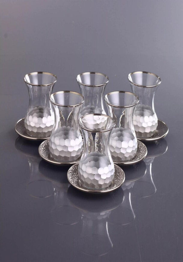 Picture of Luxury Silver Plated Turkish Tea Set With Metal Saucers