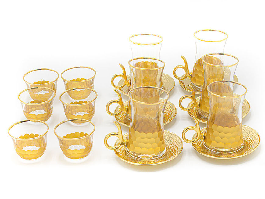 Excellent Quality Gold Plated Premium Turkish Tea Set for 6 Made in Turkey and Total 18 Pieced Set Gold Color