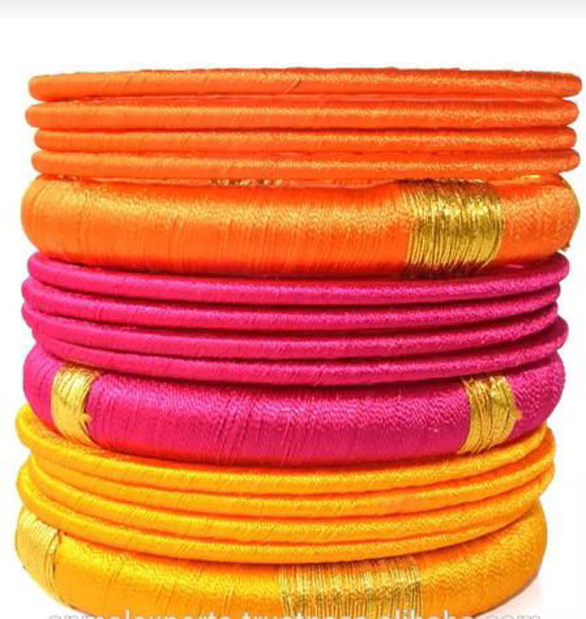 Picture of Linen Bangle with orange pink yellow colors