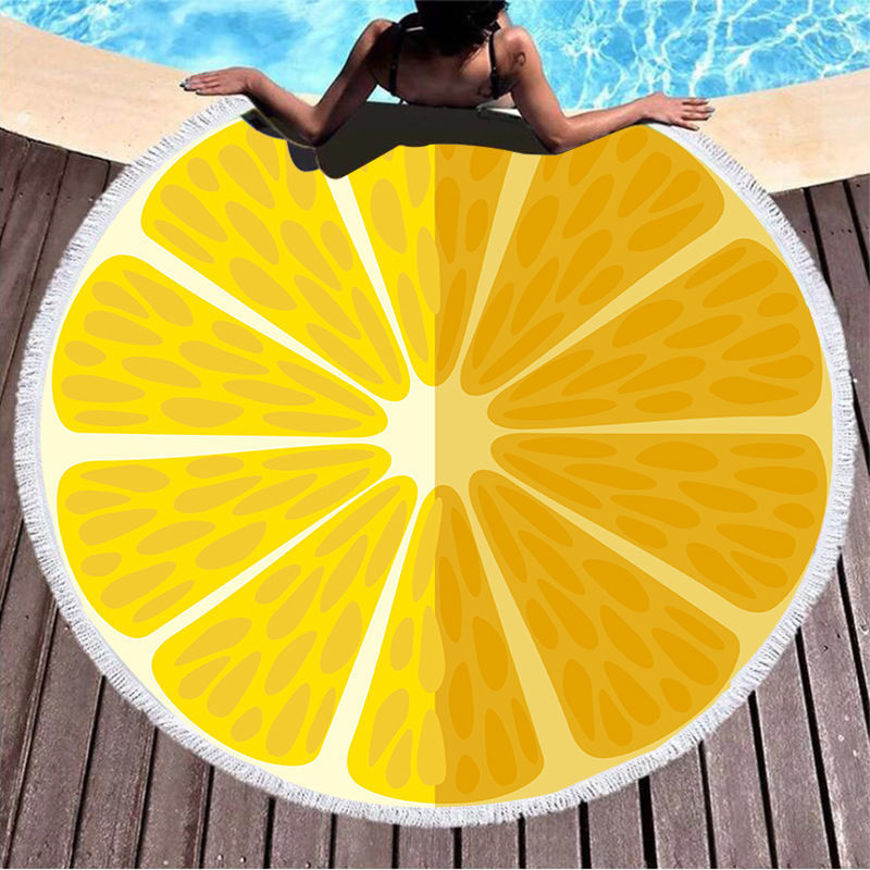صورة فوطة دائرية  للشاطئ لون اصفر مع رسمة ليمون