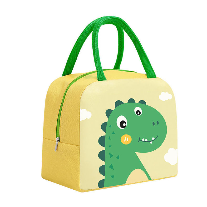 صورة حقيبة طعام للاطفال لون اصفر و اخضرمع رسمة ديناصور