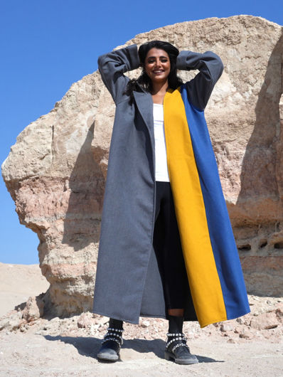 Picture of Gray Multi Color Winter Bisht Dark Blue with Yellow